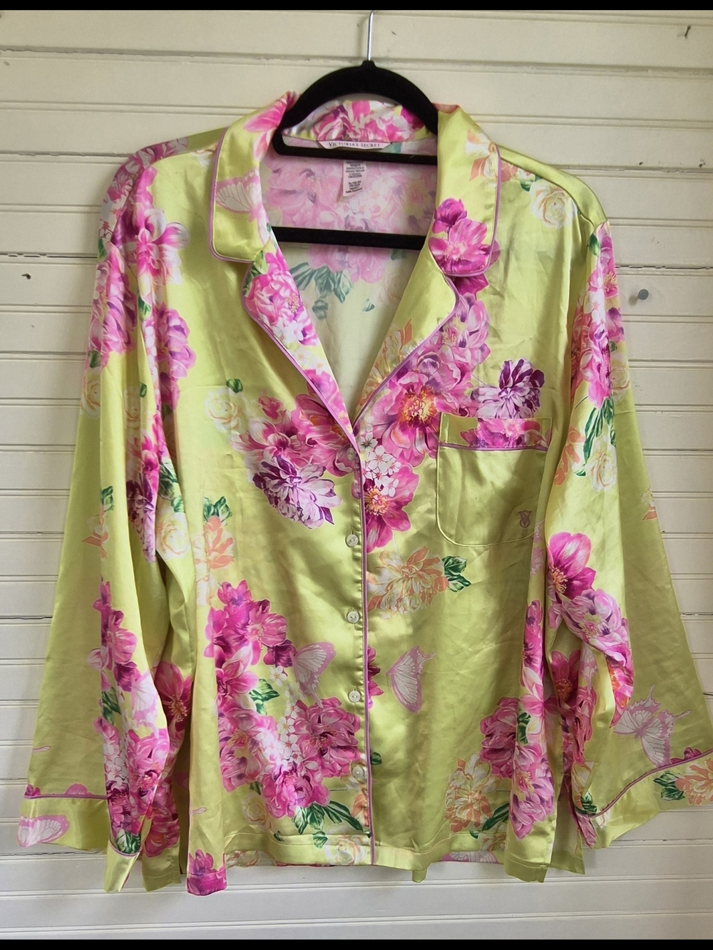 Victoria's Secret - Floral Satin Pajama Set - Chartreuse & Pink